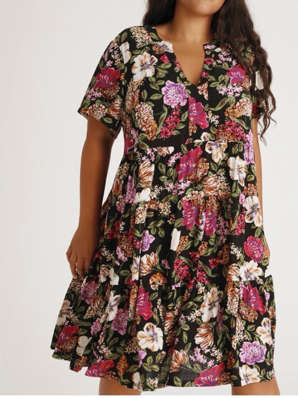 Maeve Black Floral Short Sleeve Tiered Dress